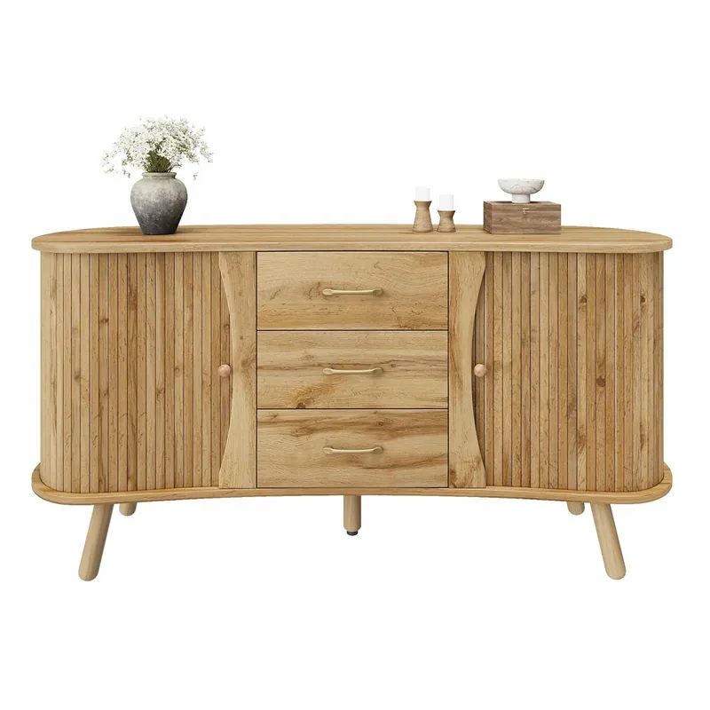 Aparador — - diseño de ranuras, 2 puertas correderas, 3 cajones, compartimentos regulables en altura, patas de madera maciza, estilo escandinavo moderno, MDF - natural