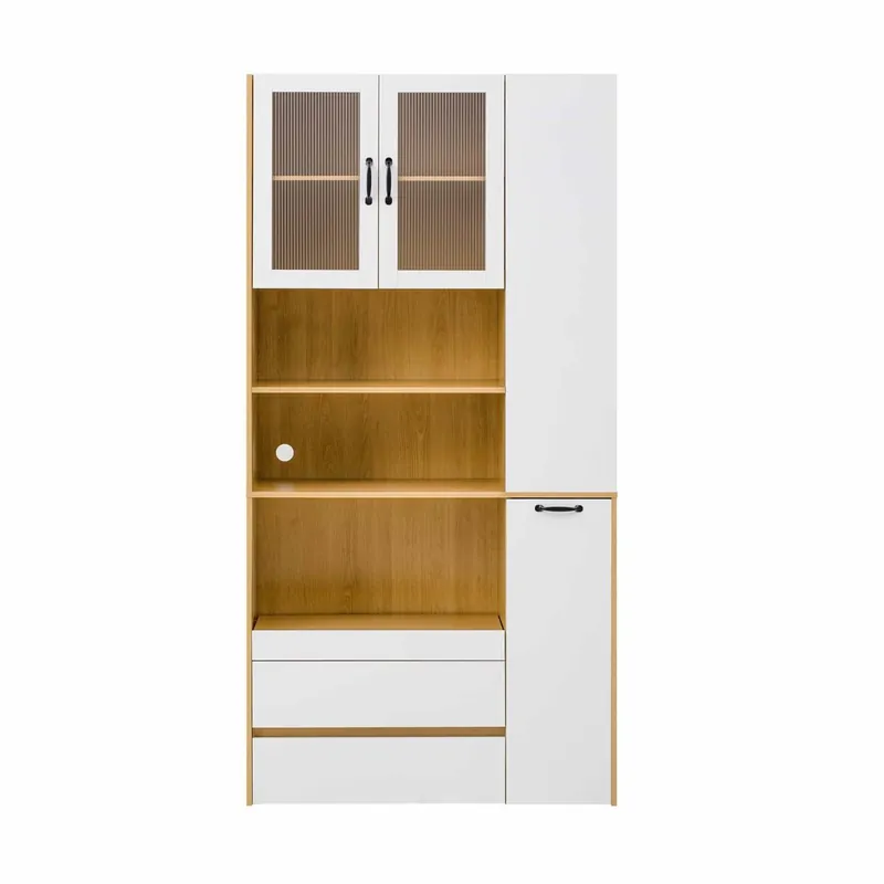 Aparador alto - sin tamaño - con estantes ajustables y cajones, armario buffet con estantes extraíbles y cristal estriado, ideal para comedor, salón y cocina - Blanco y natural