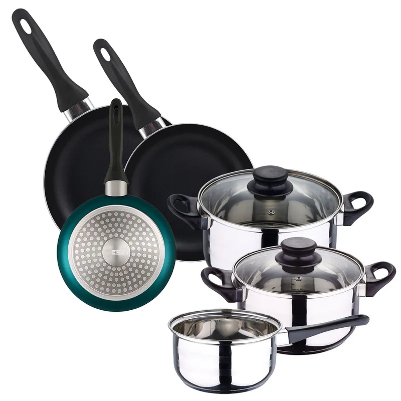 Batería de cocina 5pc acero inoxidable + Set 3 sartenes Ø16Ø20Ø24 Aluminio, azul metalizado