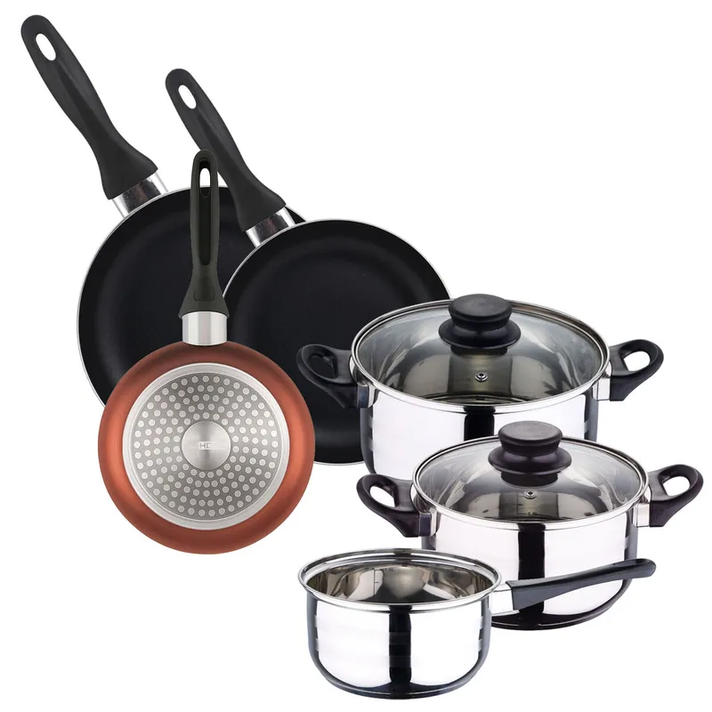 Batería de cocina 5pc acero inoxidable + Set 3 sartenes Ø16Ø20Ø24 Aluminio, cobre metalizado