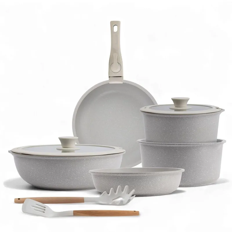 Bergner Click&Cook Batería de cocina 10 Pzs Beige/Mango extraíble,3 Sartenes,2 Cazos,Tapas y Utensilios/Aluminio fundido revestimiento antiadherente