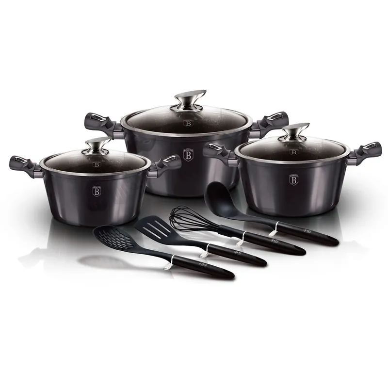 Berlinger Haus Carbon Pro Batería Cocina Inducción 10 Piezas, Antiadherente Mármol sin PFOA, Aluminio, 3 Cazuelas Tapas, , Gris Oscuro