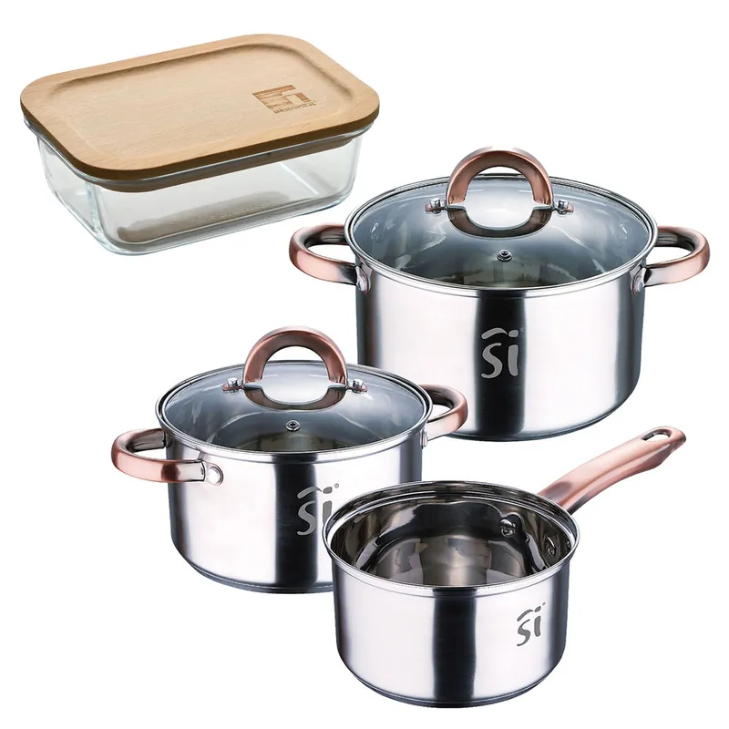 Bateria 5pc acero inoxidable Ø16Ø18Ø20, aptas para inducción+ Bergner NATURALLY Hermético de 650ml en vidrio de borosilicato - Cocina