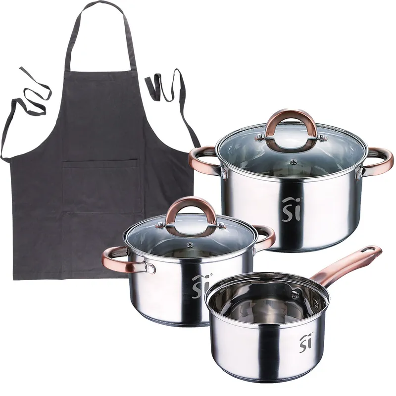 Bateria 5pc acero inoxidable Ø16Ø18Ø20, aptas para inducción+ Delantal de Cocina Gris oscuro 100% Algodón 75x80cm de talla única SMART MasterPRO