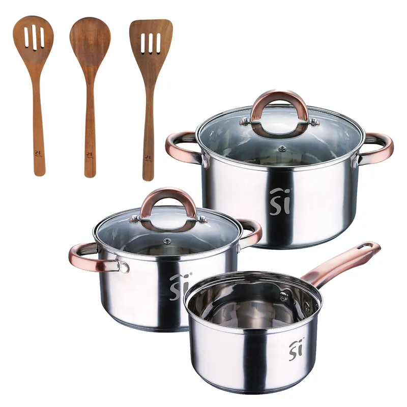 Bateria 5pc acero inoxidable Ø16Ø18Ø20, aptas para inducción+ San Ignacio AGROS Set 3pc utensilios cocina madera acacia