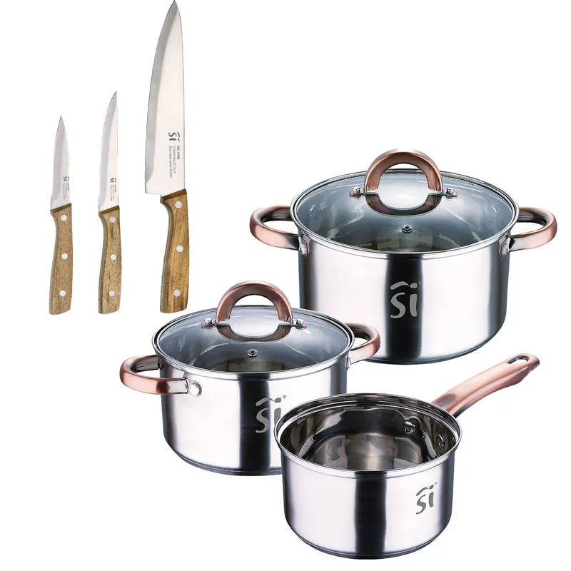Bateria 5pc acero inoxidable Ø16Ø18Ø20, aptas para inducción+ Set de 3 cuchillos de acero inoxidable para cocina NOIA San Ignacio