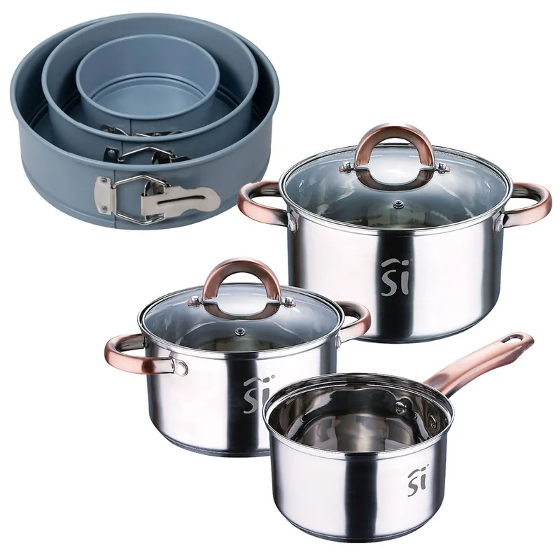Bateria 5pc acero inoxidable Ø16Ø18Ø20, aptas para inducción+ Juego de 3 moldes de horno redondos Ø12Ø18Ø22cm NOIA San Ignacio - Cocina