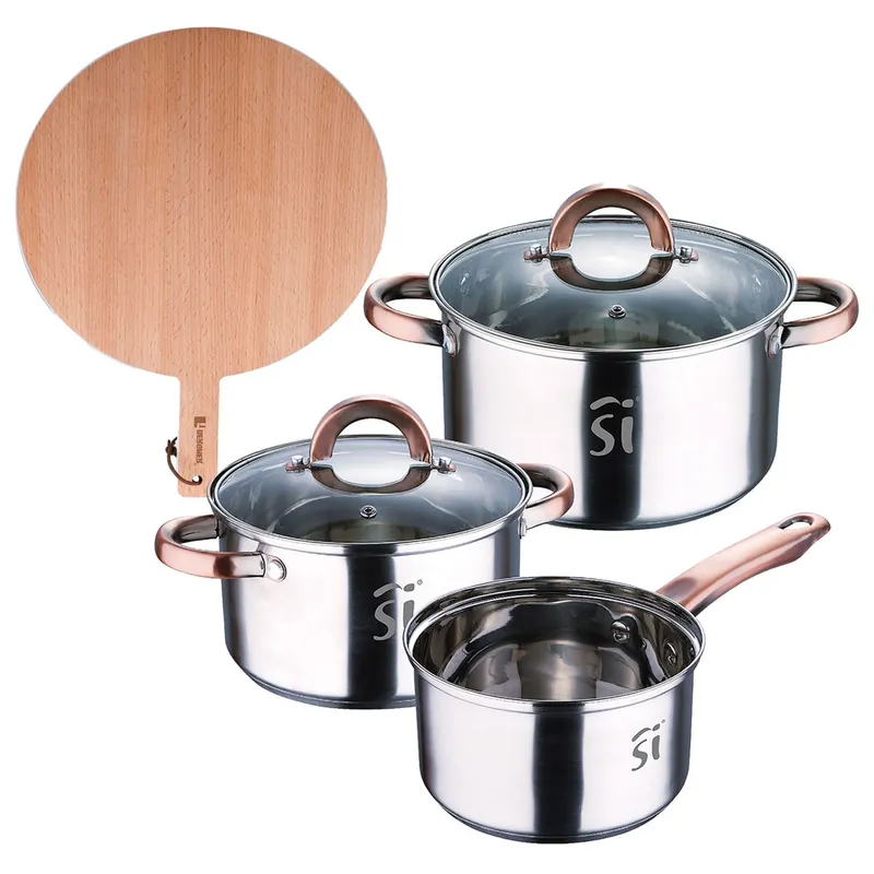 Bateria 5pc acero inoxidable Ø16Ø18Ø20, aptas para inducción+ Bergner NATURALLY Tabla de corte Redonda de 38x28x1,5cm en madera de haya - Cocina