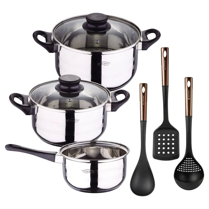 Set de baterías de cocina Toledo 5pc aptas para inducción+ Bergner Copper Set de 3 Utensilios de cocina en PBT negro y cobre