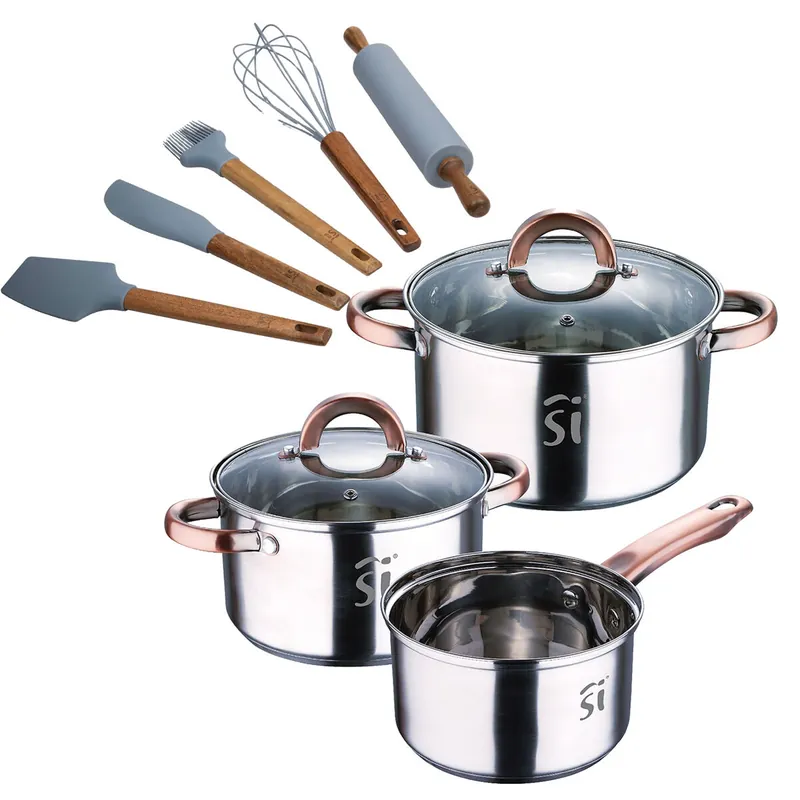 Bateria 5pc acero inoxidable Ø16Ø18Ø20, aptas para inducción+ Set de 5 Utensilios de Cocina de Silicona y Madera de Acacia NOIA San Ignacio
