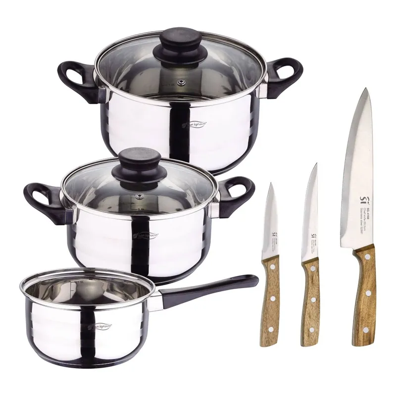 Set de baterías de cocina Toledo 5pc aptas para inducción+ Set de 3 cuchillos de acero inoxidable para cocina NOIA San Ignacio