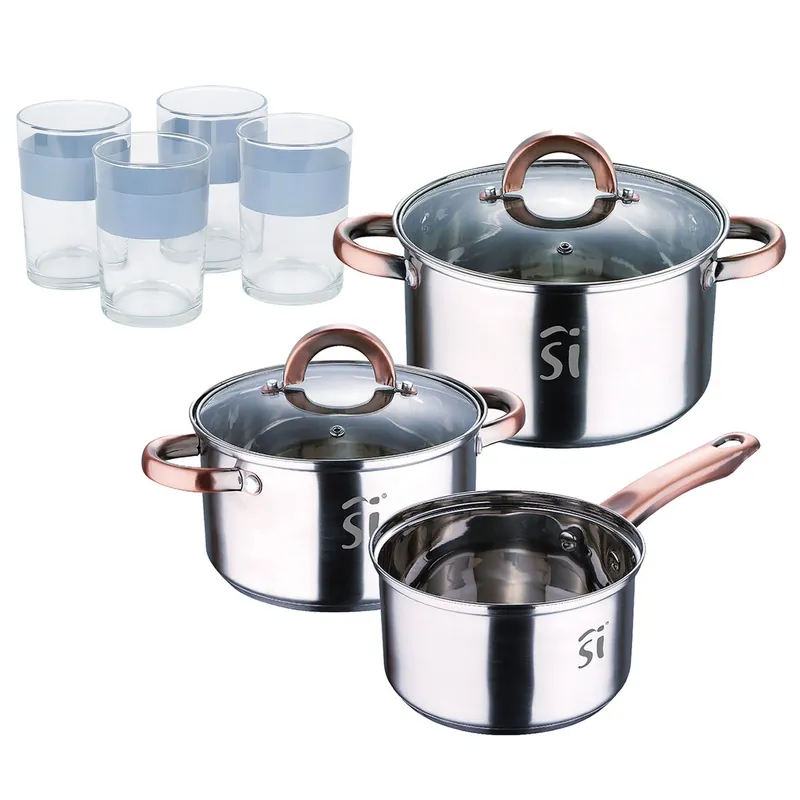 Bateria 5pc acero inoxidable Ø16Ø18Ø20, aptas para inducción+ Juego de 4 Vasos de 0,5L NOIA San Ignacio - Cocina