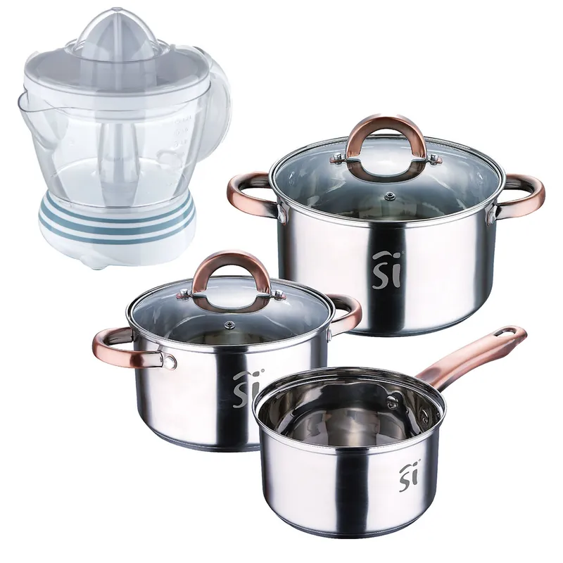 Bateria 5pc acero inoxidable Ø16Ø18Ø20, aptas para inducción+ Bergner NATURALLY - Exprimidor de 40W de Potencia - Capacidad de 1.2 Litros