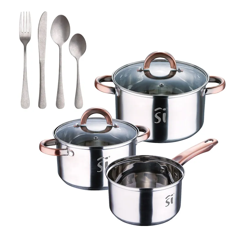 Bateria 5pc acero inoxidable Ø16Ø18Ø20, aptas para inducción+ Set de 16 Cubiertos en Acero Inoxidable NOIA San Ignacio - Cocina
