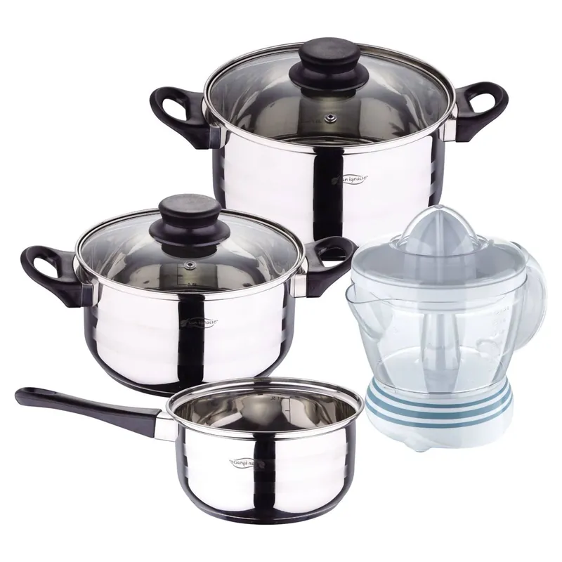 Set de baterías de cocina Toledo 5pc aptas para inducción+ Bergner NATURALLY - Exprimidor de 40W de Potencia - Capacidad de 1.2 Litros