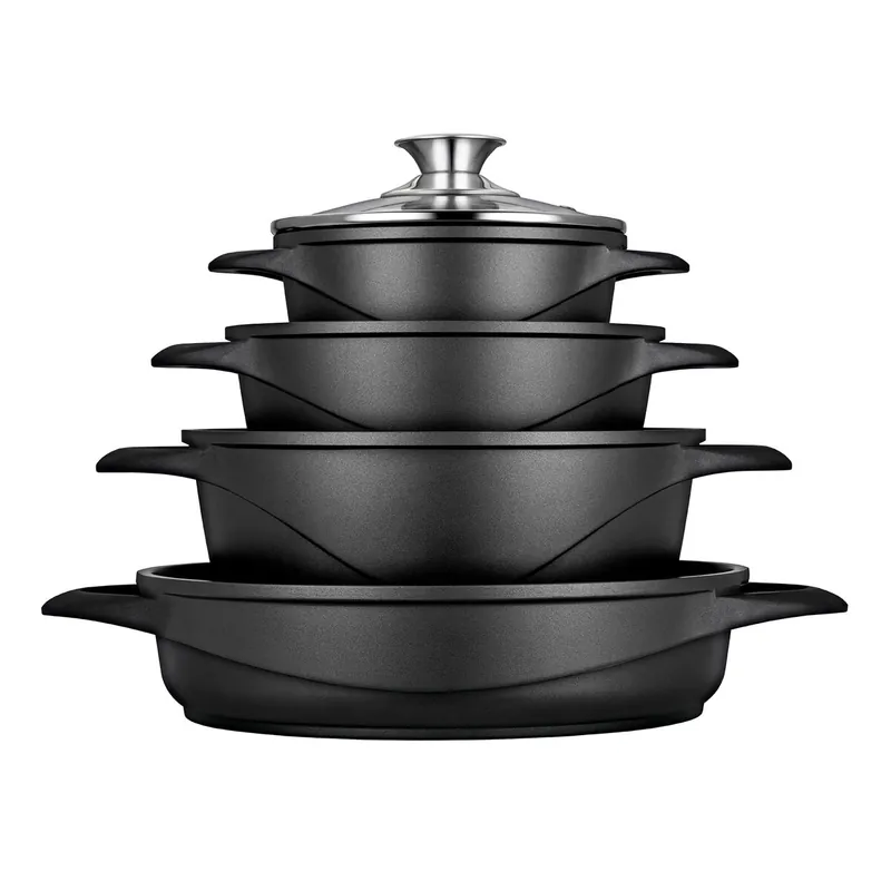 Smile MGK-17 Batería de Cocina Inducción 8 Piezas, Aluminio Fundido, 4 Ollas, Tapas de Vidrio Templado, Libre PFOA, , Negro