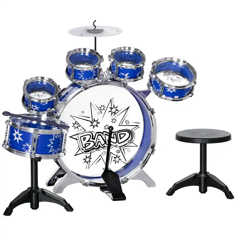 AIYAPLAY Batería Infantil con Taburete Batería para Niños de +3 Años con Tambores Bombo Platillo Pedal y Baquetas Diseño con Tema de Estrellas 65x22x57 cm Azul - Jardín