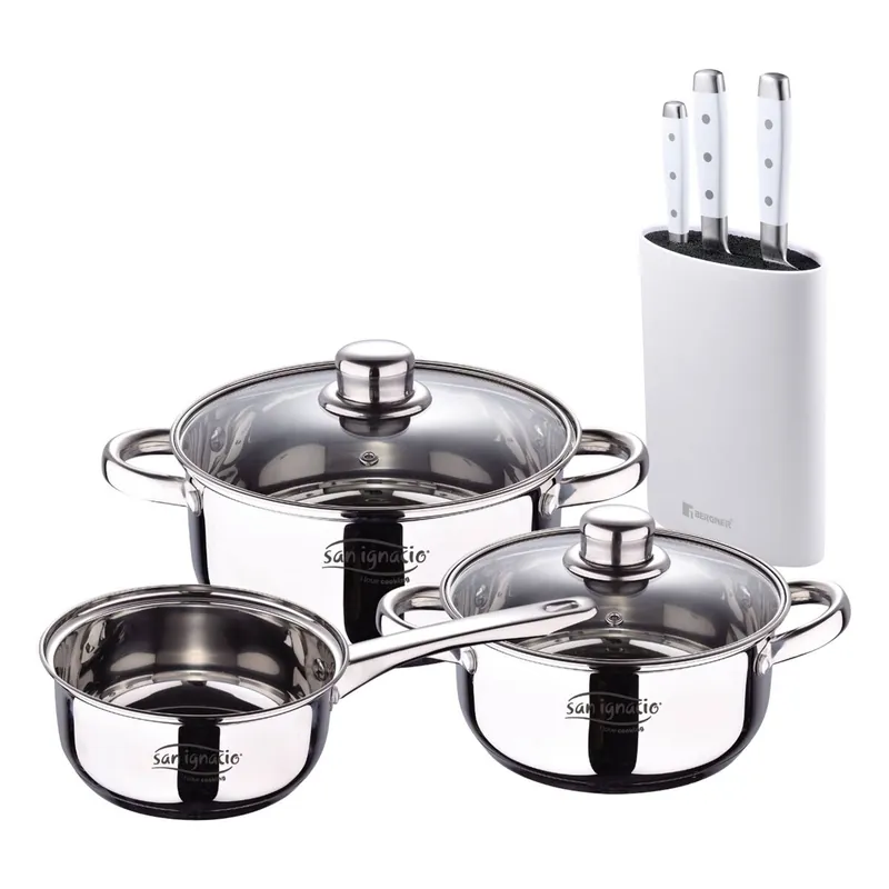 Bateria 5pcs acero inoxidable: cazo Ø16x7,5 Cacerolas de Ø18x8,5 y Ø20x9,5 cms., inducción+Juego de 3 Cuchillos de acero inoxidable con Tacoma - Cocina