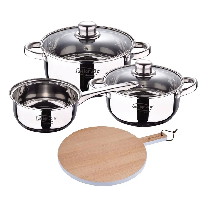 Bateria 5pcs acero inoxidable: cazo Ø16x7,5 Cacerolas de Ø18x8,5 y Ø20x9,5 cms., inducción+Tabla de corte Redonda de 38x28x1,5cm en madera de haya - Cocina