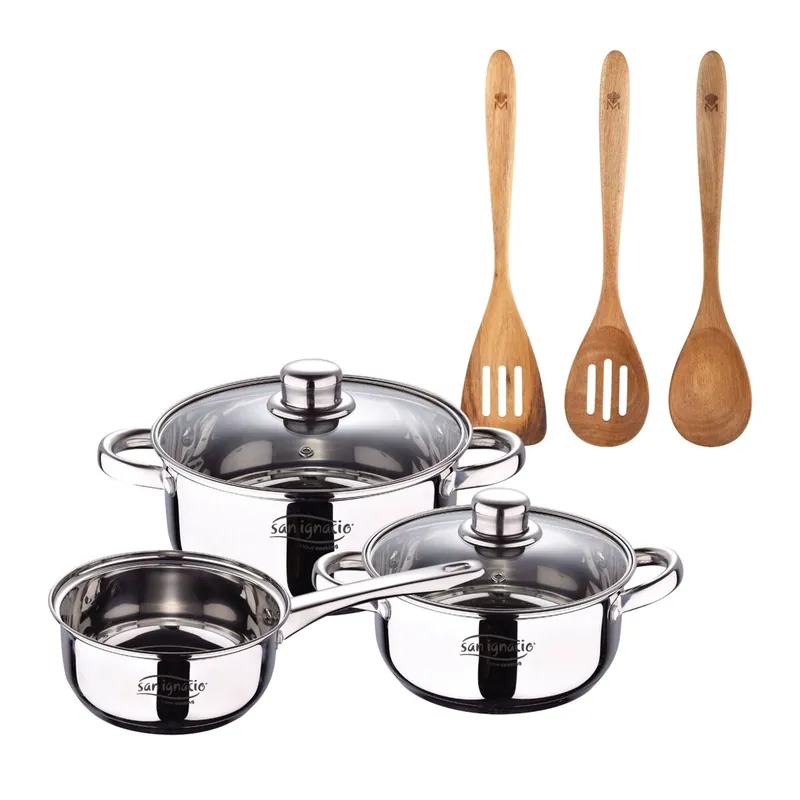 Bateria 5pcs acero inoxidable: cazo Ø16x7,5 Cacerolas de Ø18x8,5 y Ø20x9,5 cms., inducción, colección Cassel+ Set 3pcs utensilios de cocina