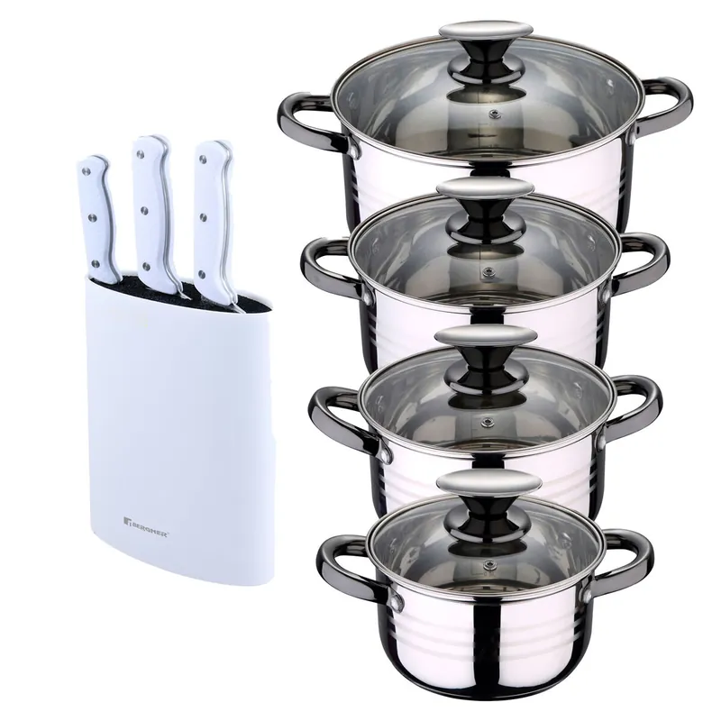 Bateria 8pc acero inoxidable apta para inducción Colección San Ignacio Premium + Bergner NATURALLY Set de 3 Cuchillos con Tacoma en Acero inoxidable - Cocina