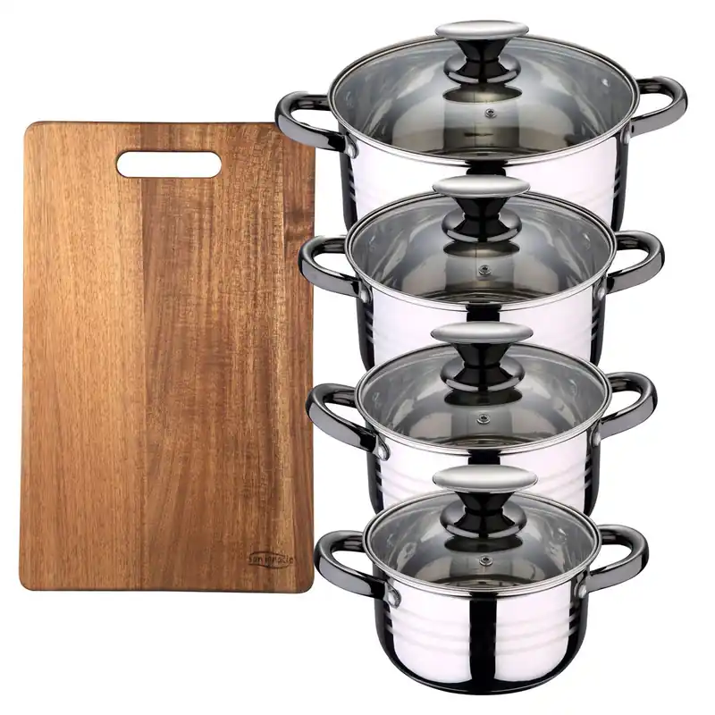 Bateria 8pc acero inoxidable apta para inducción Colección San Ignacio Premium + Tabla de cortar 40,3x25,2x2,5cm de madera de acacia NOIA San Ignacio - Cocina