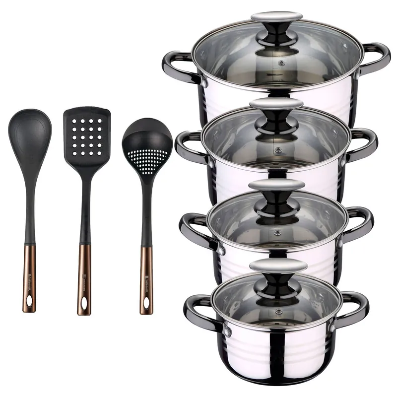 Bateria 8pc acero inoxidable apta para inducción Colección San Ignacio Premium + Bergner Copper Set de 3 Utensilios de cocina en PBT negro y cobre
