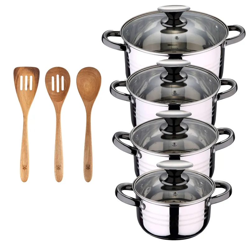 Bateria 8pc acero inoxidable apta para inducción Colección San Ignacio Premium + Set 3pcs utensilios de cocina acacia SMART MasterPRO