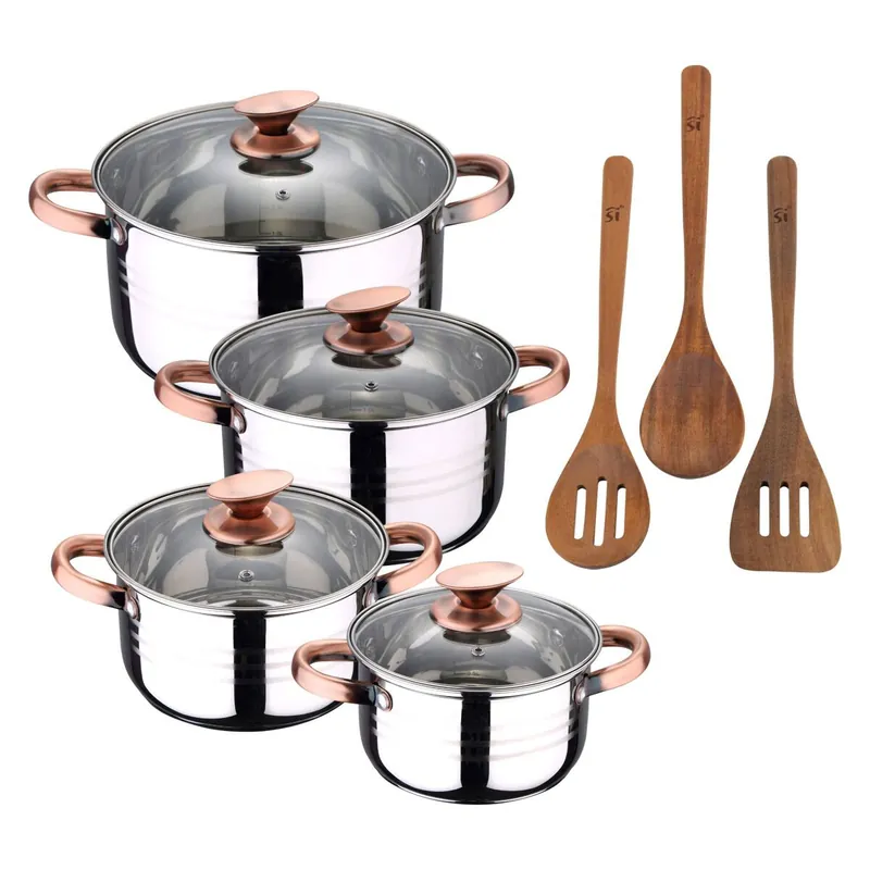 Bateria 8pc acero inoxidable apta para inducción Colección San Ignacio Premium + San Ignacio AGROS Set 3pc utensilios cocina madera acacia
