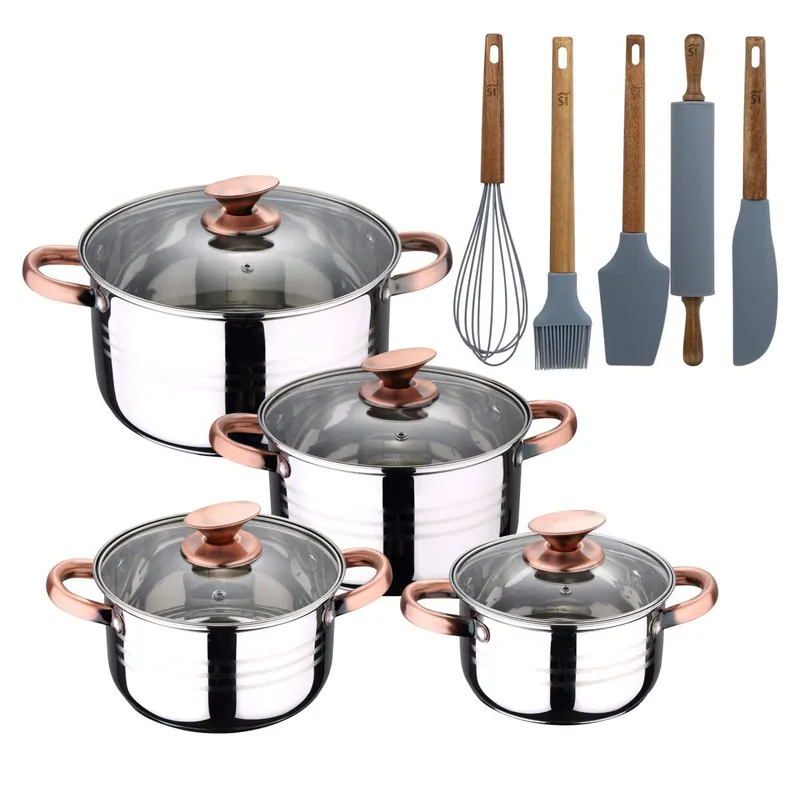 Bateria 8pc acero inoxidable apta para inducción Colección San Ignacio Premium + Set de 5 Utensilios de Cocina de Silicona y Madera