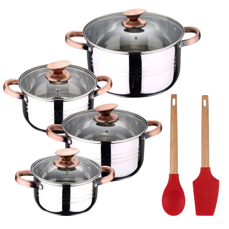 Bateria 8pc acero inoxidable apta para inducción Colección San Ignacio Premium + Bergner EXCALIBUR Juego de 2 utensilios de cocina
