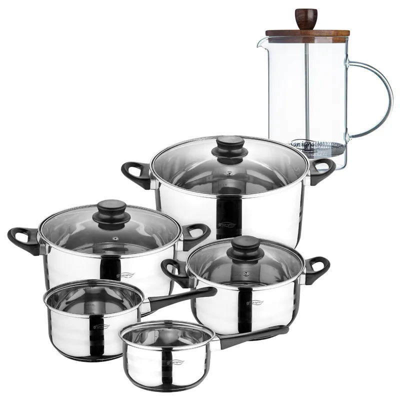 Batería de cocina de ocho piezas San Ignacio+ Cafetera de émbolo de vidrio borosilicato 15,8x10x18,8cm NOIA San Ignacio