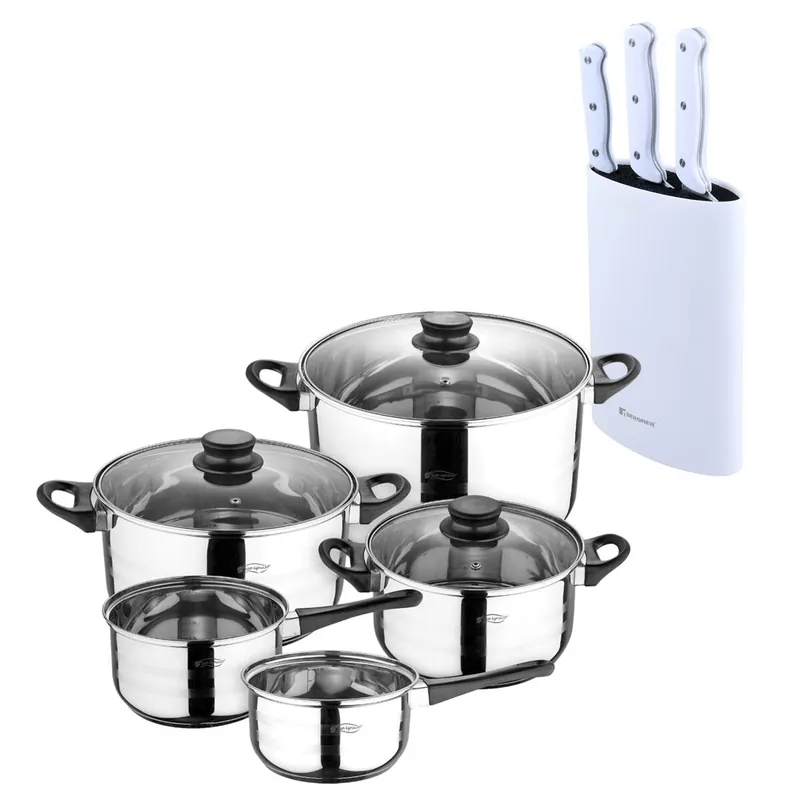 Batería de cocina de ocho piezas San Ignacio+ Bergner NATURALLY Set de 3 Cuchillos (Chef + Santoku + Multiusos) con Tacoma en Acero inoxidable
