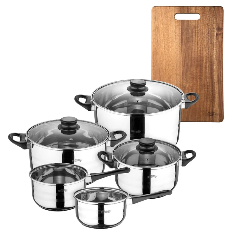 Batería de cocina de ocho piezas San Ignacio+ Tabla de cortar 40,3x25,2x2,5cm de madera de acacia NOIA San Ignacio