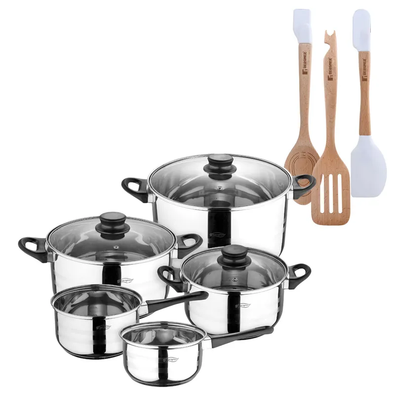 Batería de cocina de ocho piezas San Ignacio+ Bergner NATURALLY Juego de 3 Utensilios de cocina en silicona y madera