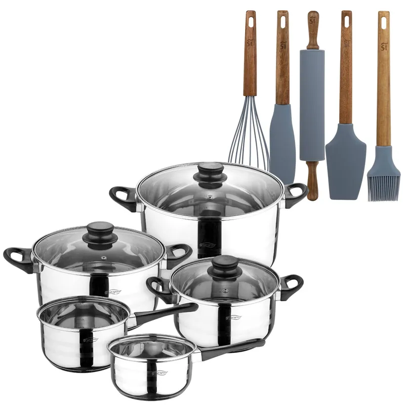 Batería de cocina de ocho piezas San Ignacio+ Set de 5 Utensilios de Cocina de Silicona y Madera de Acacia NOIA San Ignacio