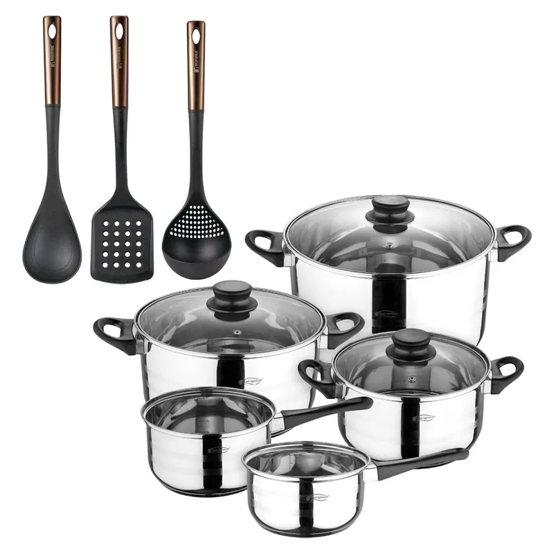 Batería de cocina de ocho piezas San Ignacio+ Bergner Copper Set de 3 Utensilios de cocina: Espátula ranurada, Cuchara y Cuhcarón en PBT negro y cobr