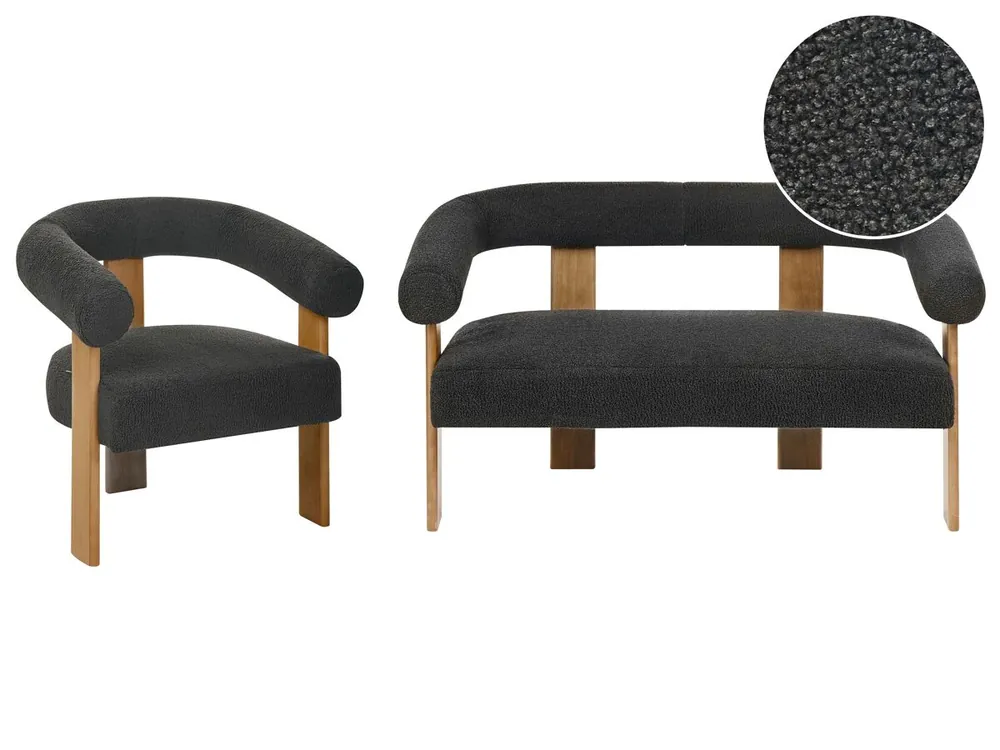 Conjunto de sala de estar ILBRO Bouclé Negro/Marrón oscuro - Sofás sillones puffs
