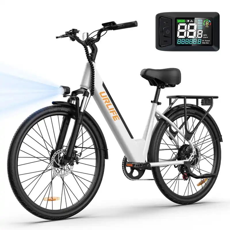 Bicicleta Eléctrica URLIFE E26 - Motor 250W Batería 36V 13Ah Neumáticos de 26 Frenos de Disco - Blanco