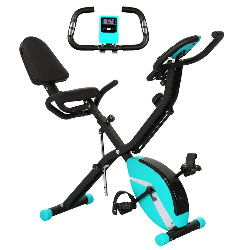 SPORTNOW Bicicleta Estática Plegable con Respaldo Bici Estática Silenciosa con 8 Niveles de Resistencia Magnética Sillín Regulable Volante Pantalla LCD Pulsómetro y Banda Carga 110 kg Verde - Deporte