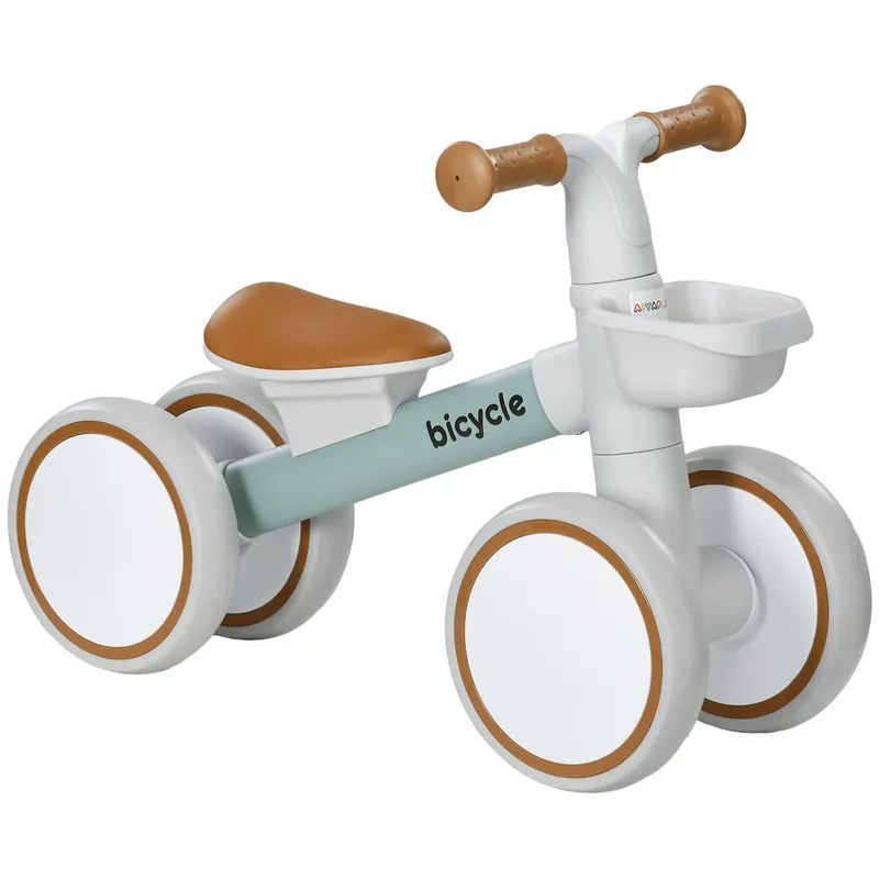 AIYAPLAY Bicicleta sin Pedales para Niños de 12-36 Meses Bicicleta de Equilibrio con Asiento Ajustable Cesta y 4 Ruedas Silenciosas Carga 20 kg 56x27x39 cm Blanco y Marrón