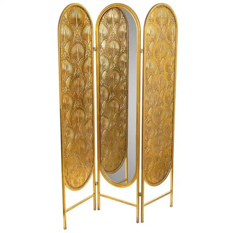 Biombo de 3 hojas de metal con Espejo central dorado 121x3x165.5 - Decoración