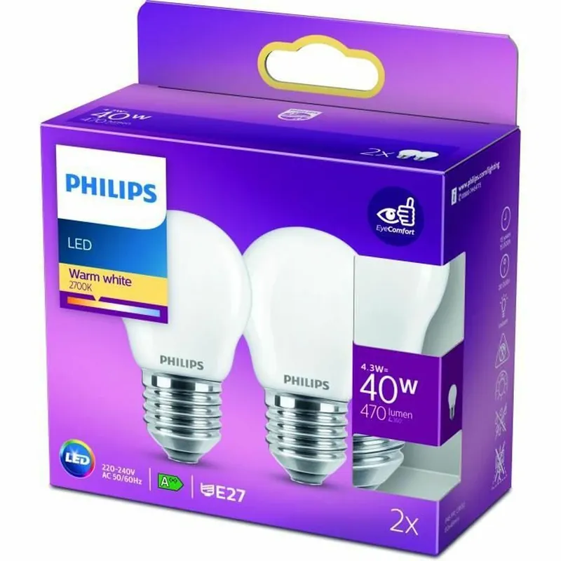 Bombilla LED Esférica Philips Vela y lustre 40 W 2 Unidades F (2700k) - Decoración