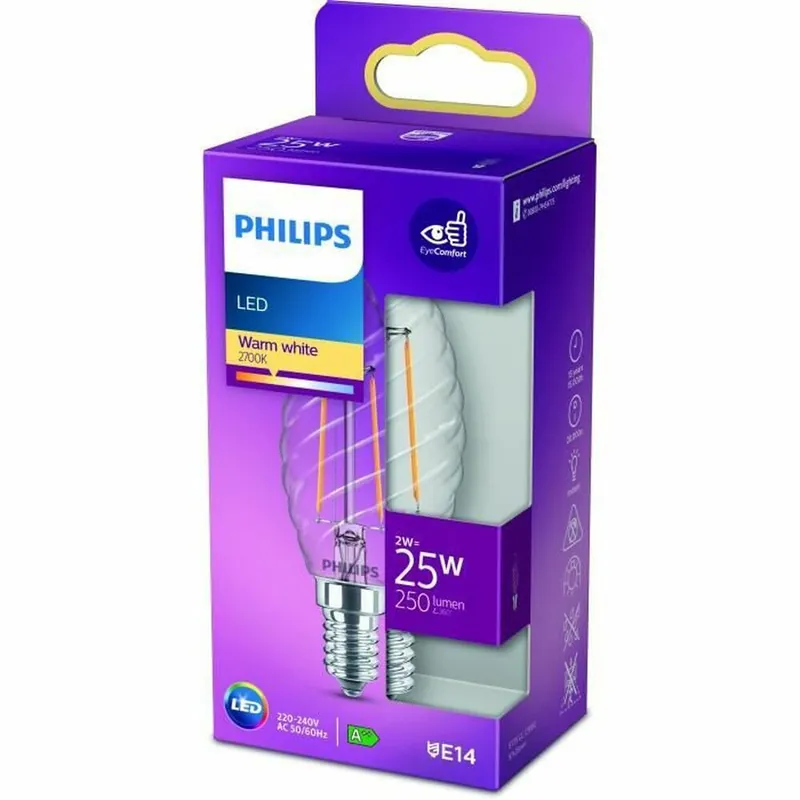 Bombilla LED Vela Philips Classic Twisted 25 W E14 2 W E (2700k) - Decoración