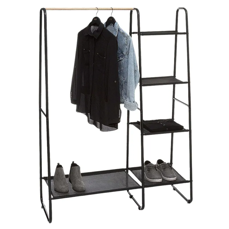 Burro de Ropa 1 Barra 4 Estantes Metal Color Negro 150x102 cm - Decoración