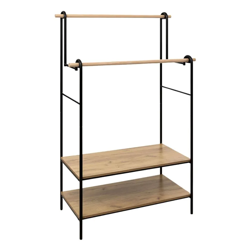 Burro de Ropa Doble 2 Estantes y 2 Barras Colgadoras Madera y Metal Negro y Roble Claro 96x164 cm - Decoración