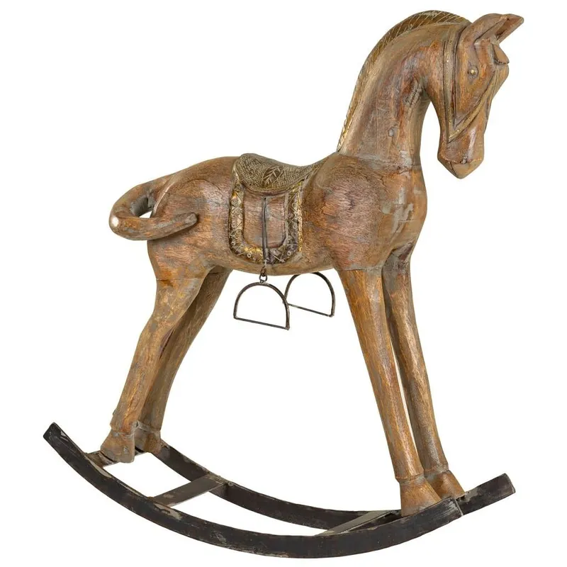 Caballo balancín de madera acabado artesanal marrón 56x14x58h cm - Decoración