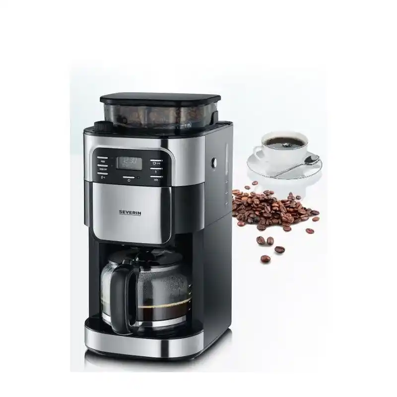 SEVERIN - Cafetera de goteo con molinillo para 10 tazas, Cafetera de filtro / Cafetera americana con jarra de cristal de 1l, pantalla LED con temporizador, Acero inoxidable / Negro, KA 4810