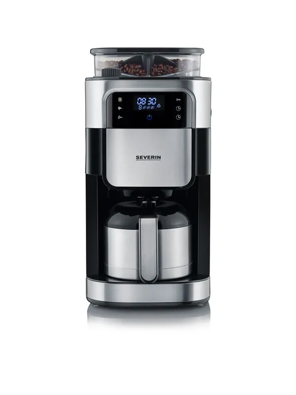 SEVERIN - Cafetera de goteo con molinillo para 10 tazas, Cafetera de filtro / Cafetera americana con jarra de cristal de 1l, pantalla LED con temporizador, Acero inoxidable / Negro, KA 4813