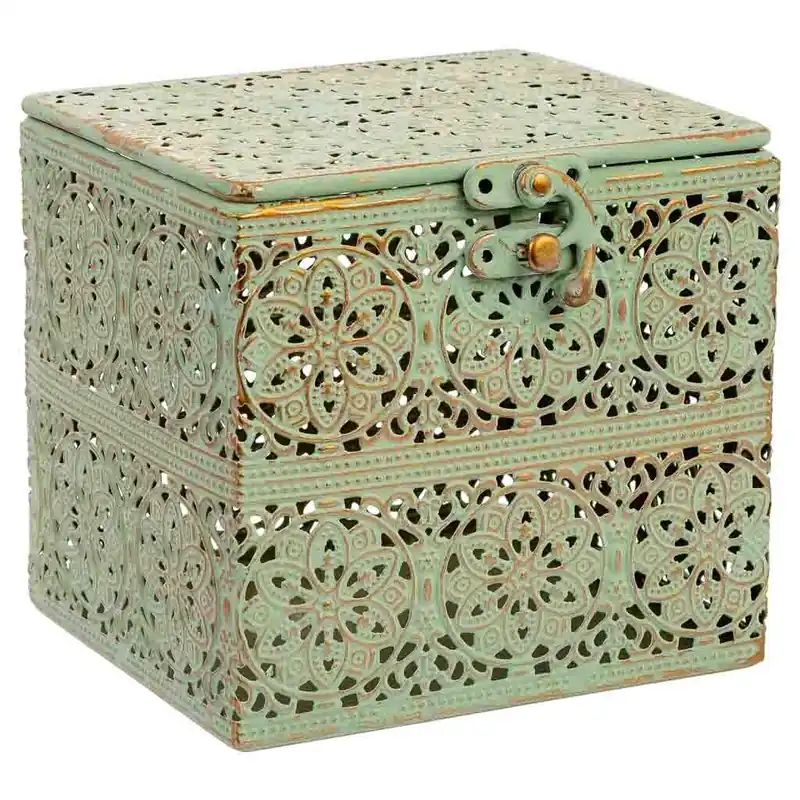 Caja de metal verde 12.5x12.5x11.5h cm - Decoración